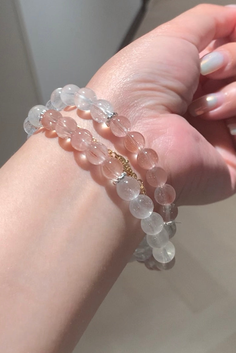 Pink and White Brushed Double-Ring Rabbit Hair Quartz 白粉拉丝兔毛 (8mm/15.5mm)