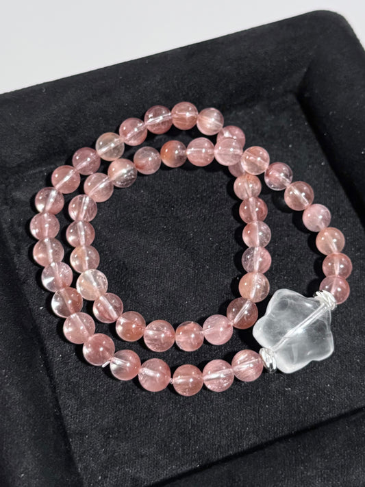 Pink Rabbit Hair Quartz Double Strand with White Rabbit Hair Star Bead 粉兔毛双圈