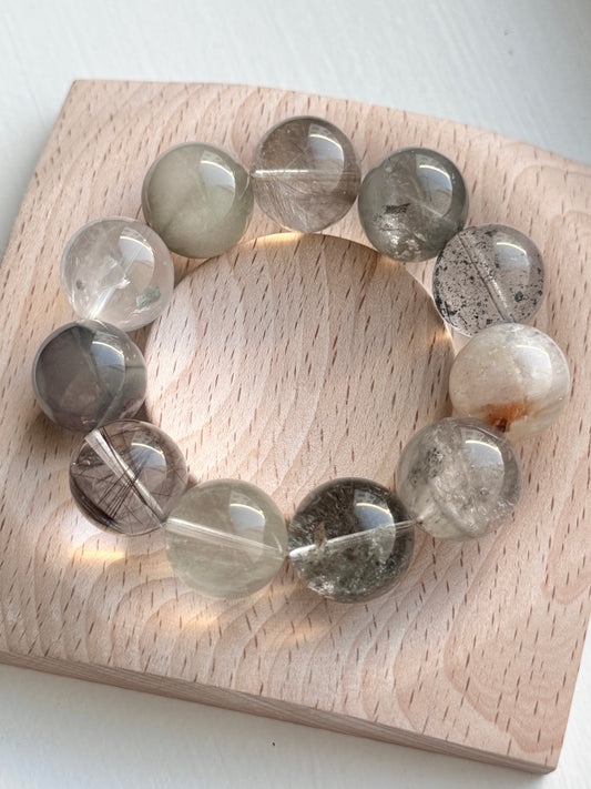 锡器灰多宝 Gray-Tone Special Mineral Multi-Gemstone Bracelet  （17mm）