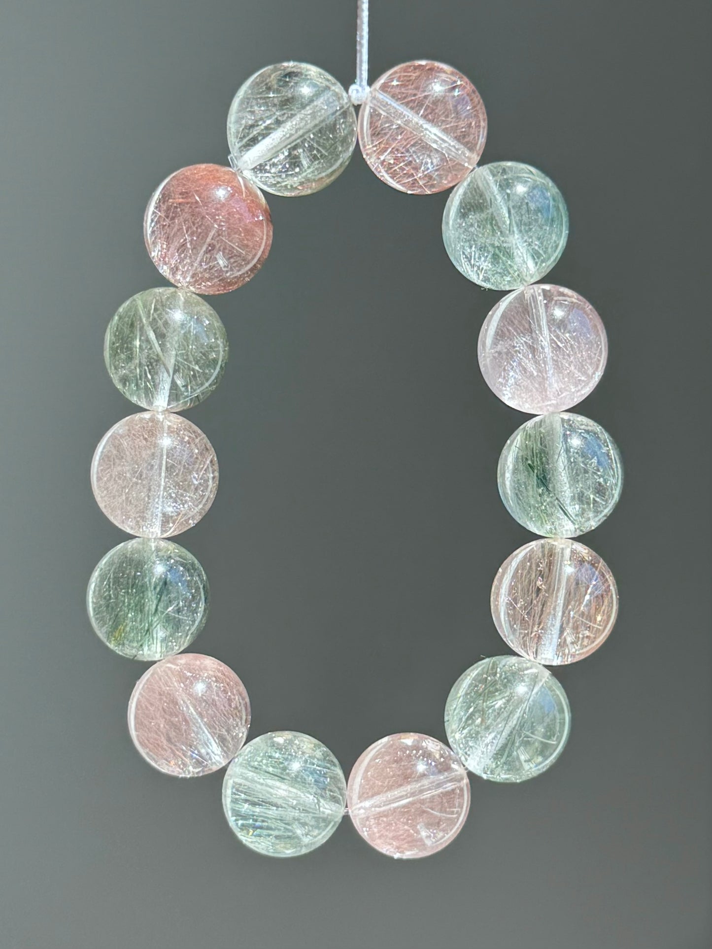 无花果欢宜 粉绿钢丝 Pink & Green Steel Wire Rabbit Hair Quartz （14mm）