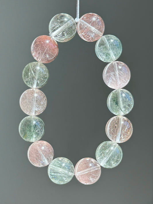 无花果欢宜 粉绿钢丝 Pink & Green Steel Wire Rabbit Hair Quartz （14mm）