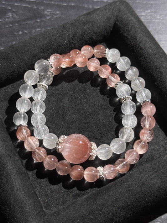 Pink and White Brushed Double-Ring Rabbit Hair Quartz 白粉拉丝兔毛 (8mm/15.5mm)